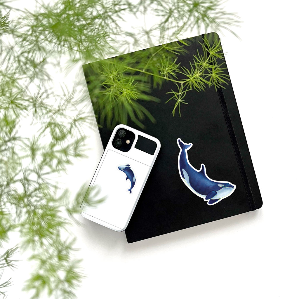 large and small blue orca whale on phone and notebook