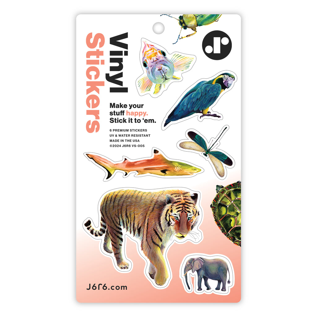 orage tiger, shark, parrot, fish, dragonfly and elephant vinyl sticker sheet
