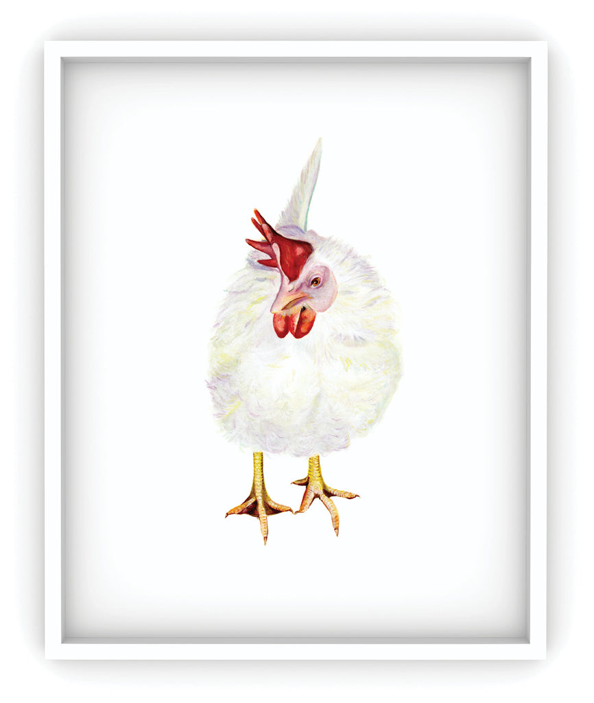 white chicken art print framed