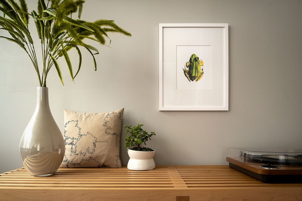 green frog framed art print in living room