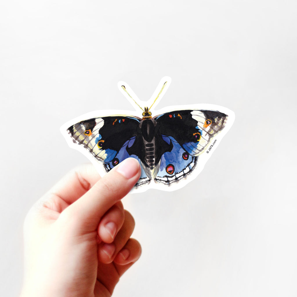 hand holding blue pansy butterfly vinyl sticker