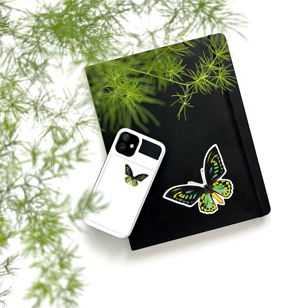 black green and yellow large and small butterfly on phone and notebook