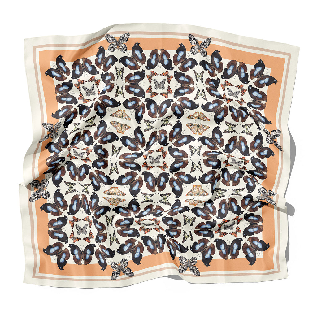 Beige, Peach, and Brown Butterfly Grid Silk Scarf