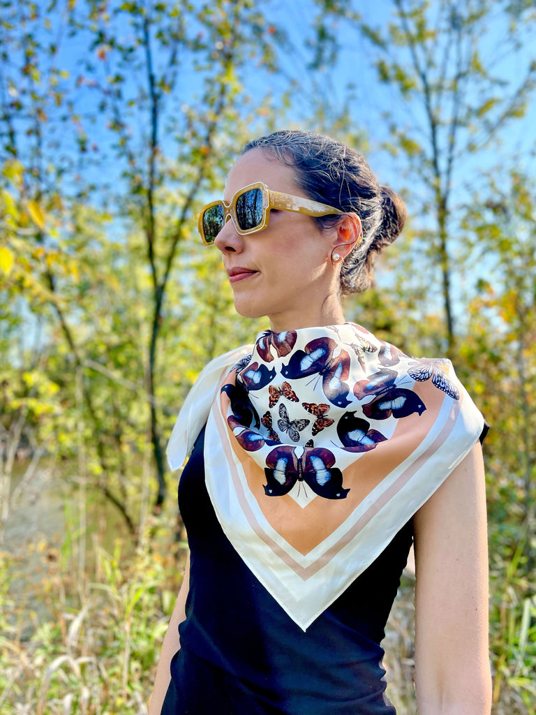 Cream, Peach, and brown Butterfly Scarf on Neck