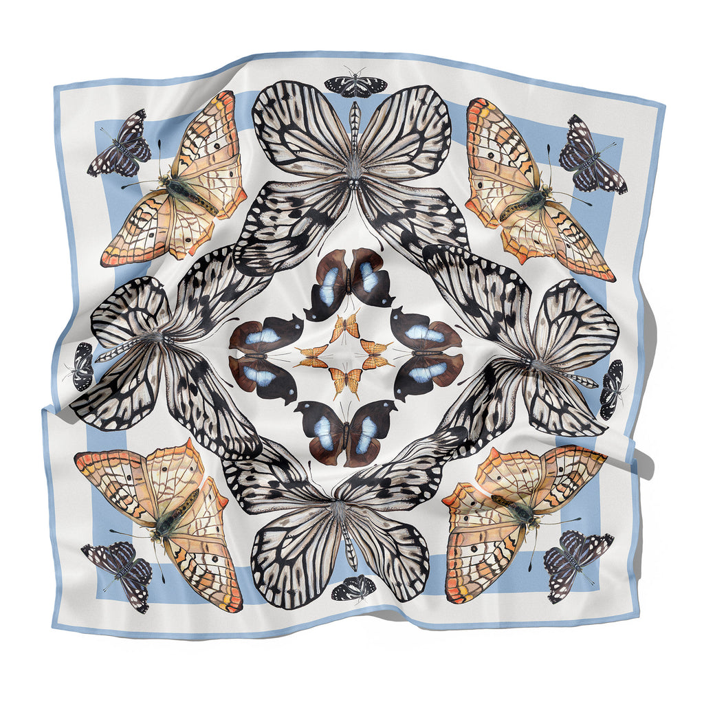 Blue, Black, White, and Orange Hand-Painted Butterfly Scarf