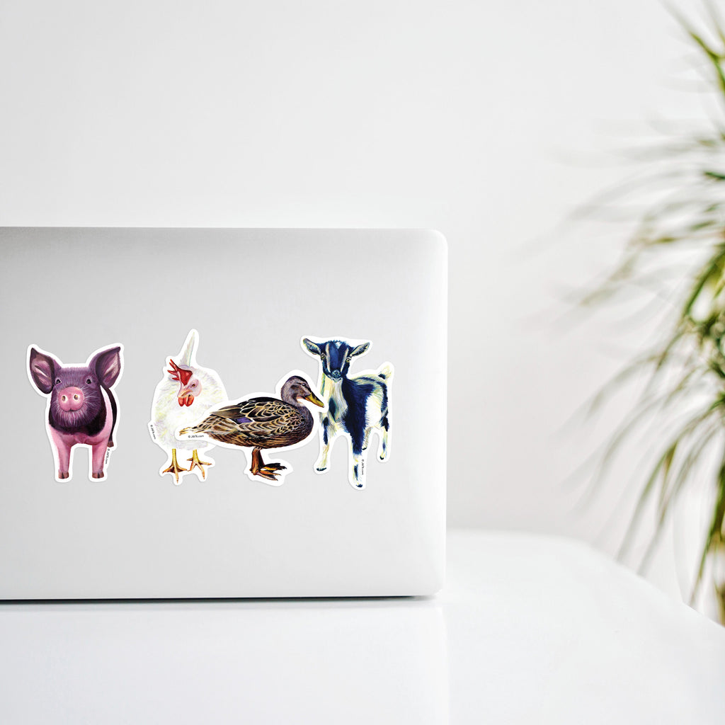 pink pig, white chicken, mallard duck, pygmy goat stickers on laptop