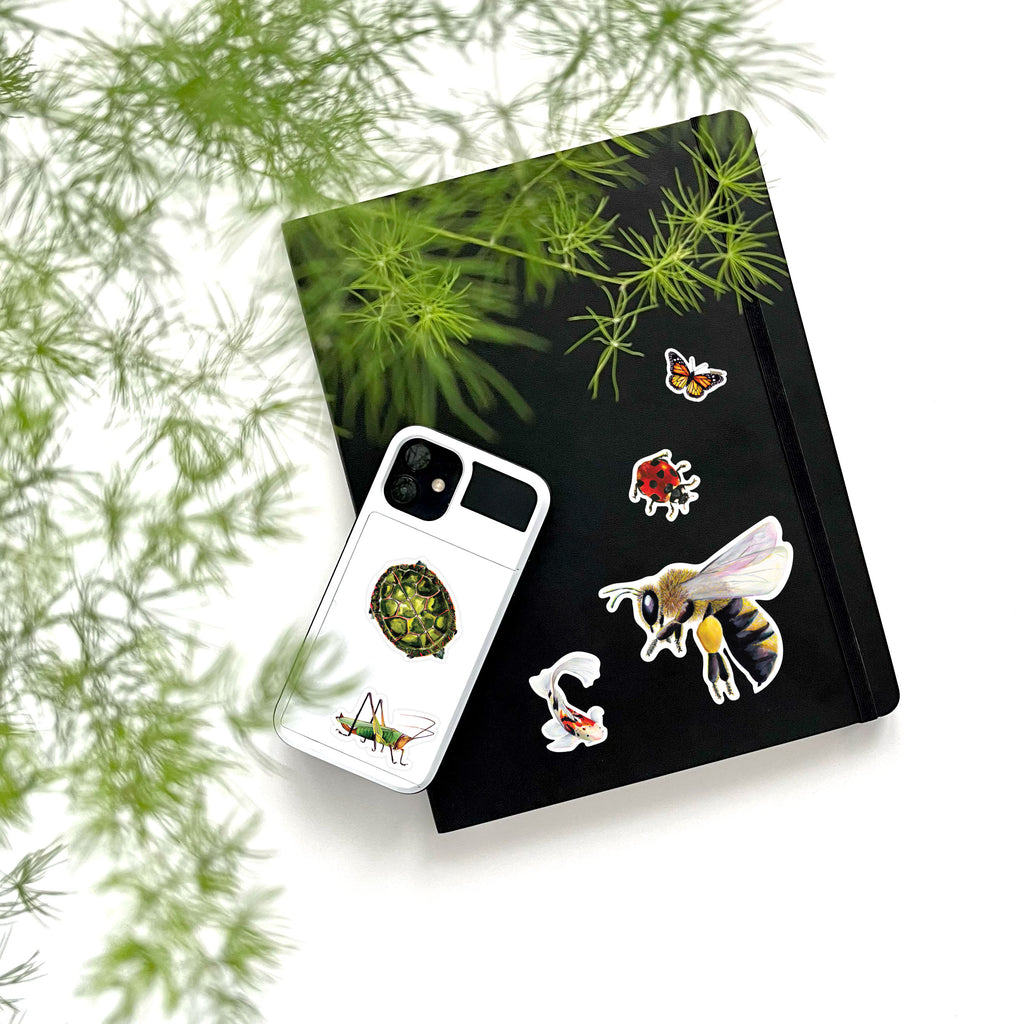 Bee, Koi, Ladybug, Monarch Butterfly, Painted Turtle and Grasshopper stickers on notepad and phone