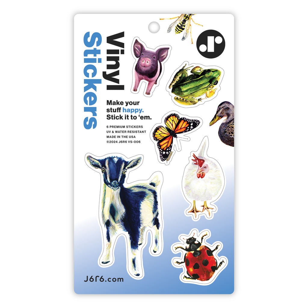 goat, chicken, ladybug, pig, frog, and monarch butterfly vinyl sticker sheet