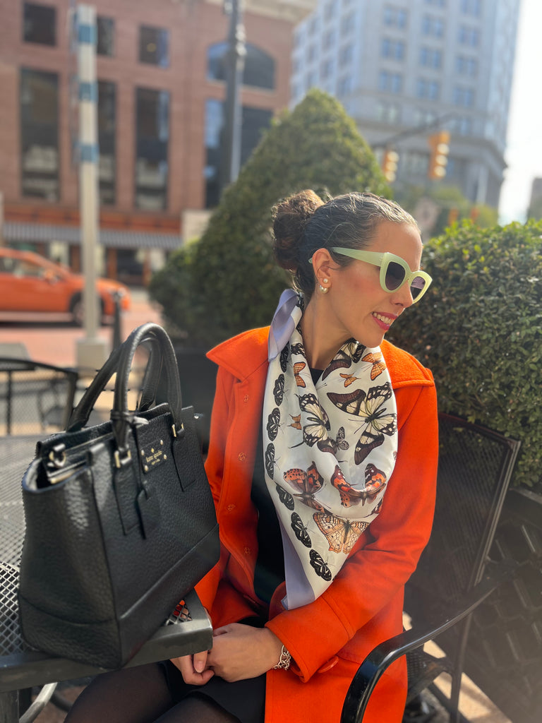 Blue Orange and Black Painted Butterfly Silk Scarf on Model