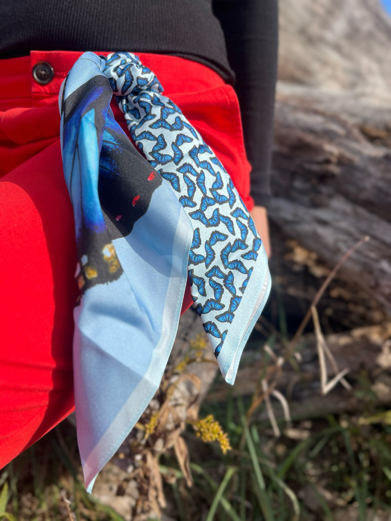 Blue Butterfly Scarf on Pants