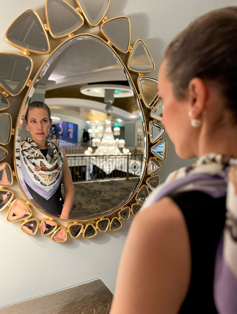 J6R6 Painted Butterfly Scarf on Model in Mirror