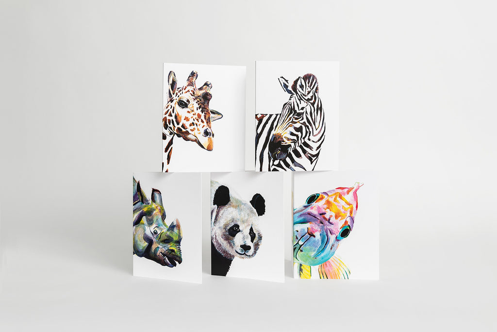 giraffe zebra rhinoceros panda fish notecards