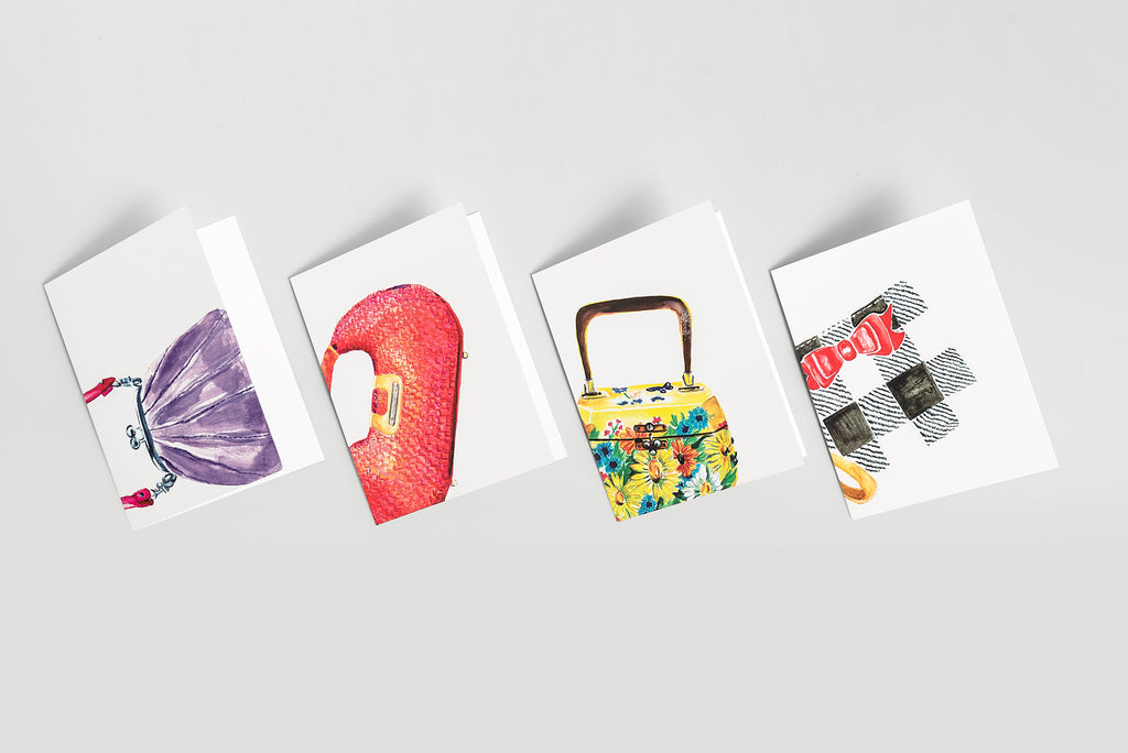 birds eye view of colorful watercolor purse notecards