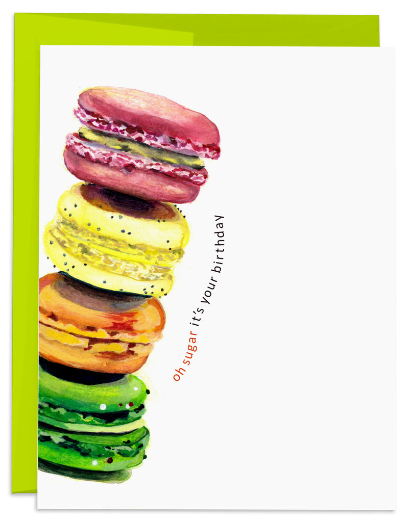 Front of Stacked Macaron Cookies Birthday Card with Green Envelope
