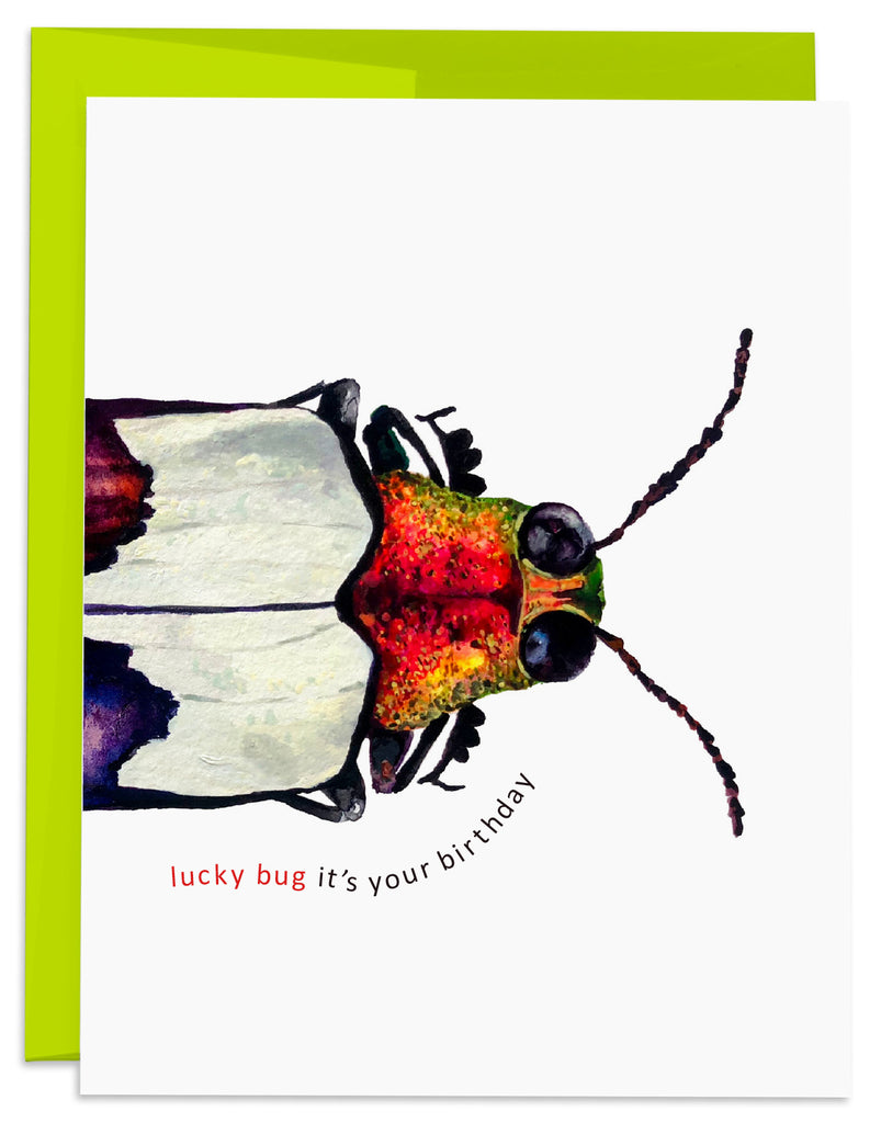 Front of Purple and Red Bug Birthday Card with Green Envelope