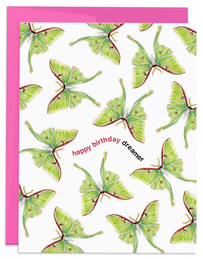 luna moth birthday card with pink envelope