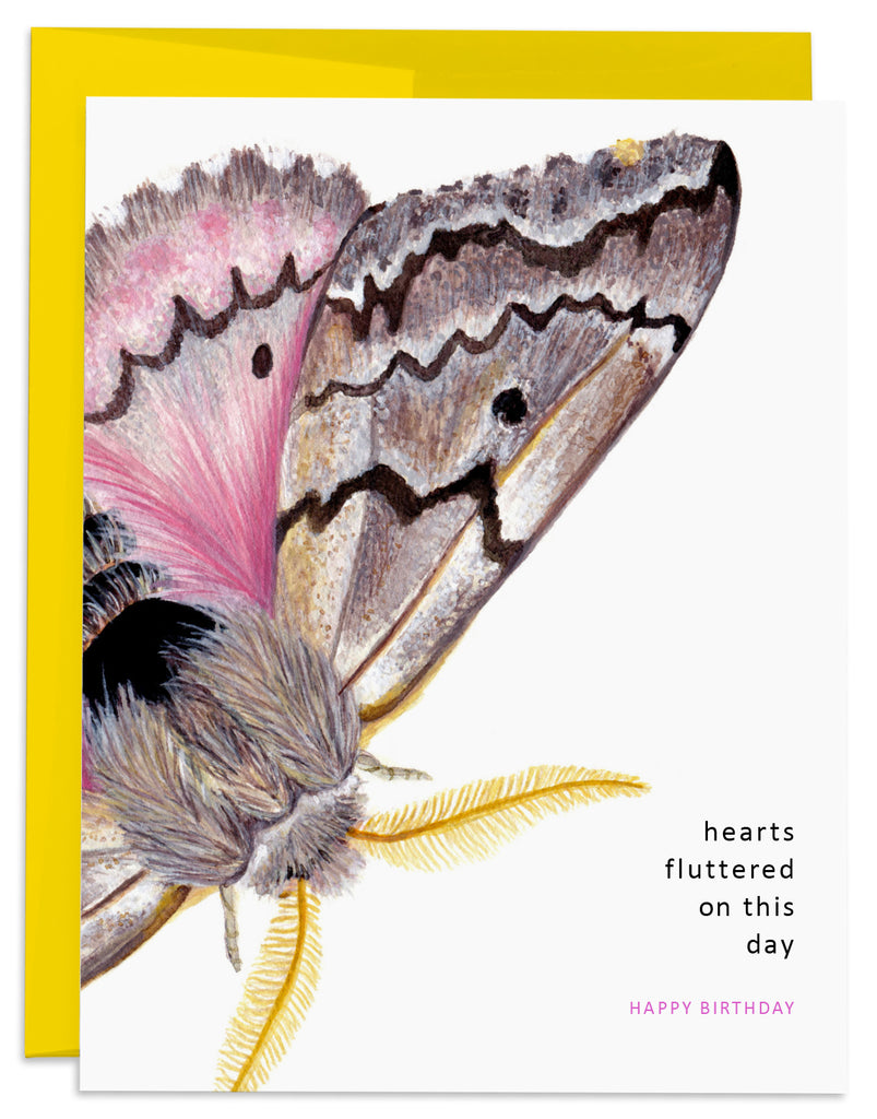 Pink Pandora Moth Birthday Card Front with Yellow Envelope