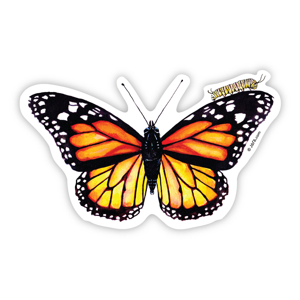 Monarch butterfly and caterpillar vinyl sticker by J6R6