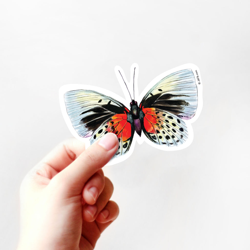hand holding blue and red vinyl butterfly sticker
