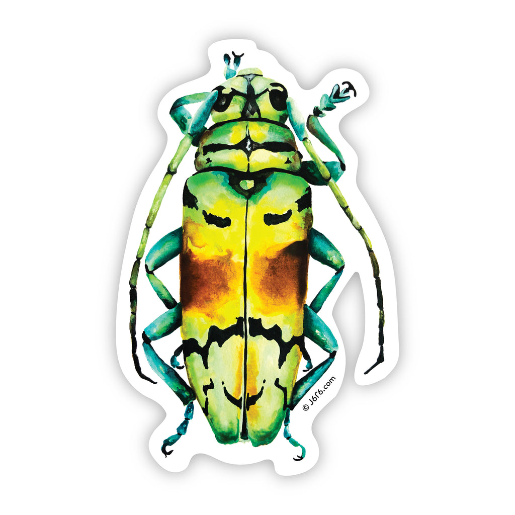 green and yellow longhorn beetle sticker by J6R6