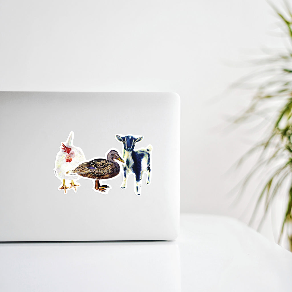 mallard duck, chicken, and pygmy goat stickers on laptop