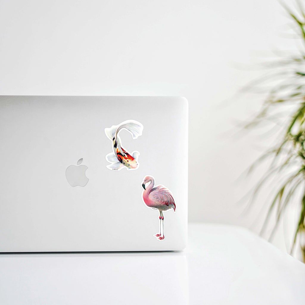 J6R6 Flamingo and Koi Fish Vinyl Sticker on Laptop