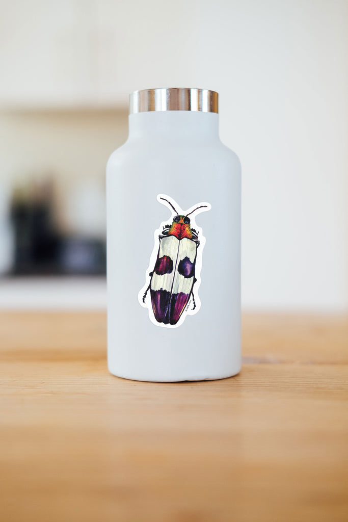 purple and pink jewel beetle sticker decorating a white water bottle