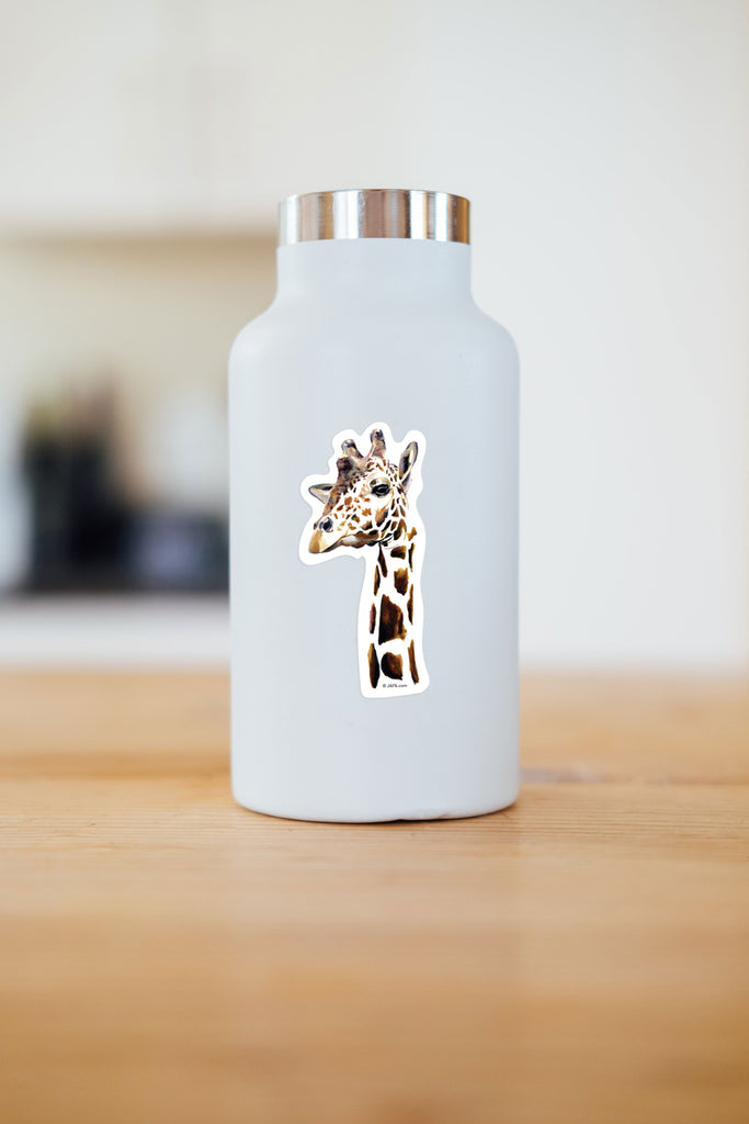 white water bottle with giraffe head sticker