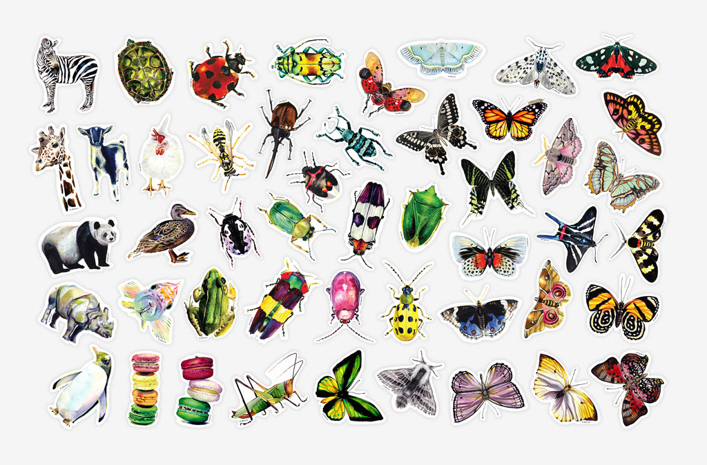 vinyl stickers of animals, insects, moths, macarons and butterflies