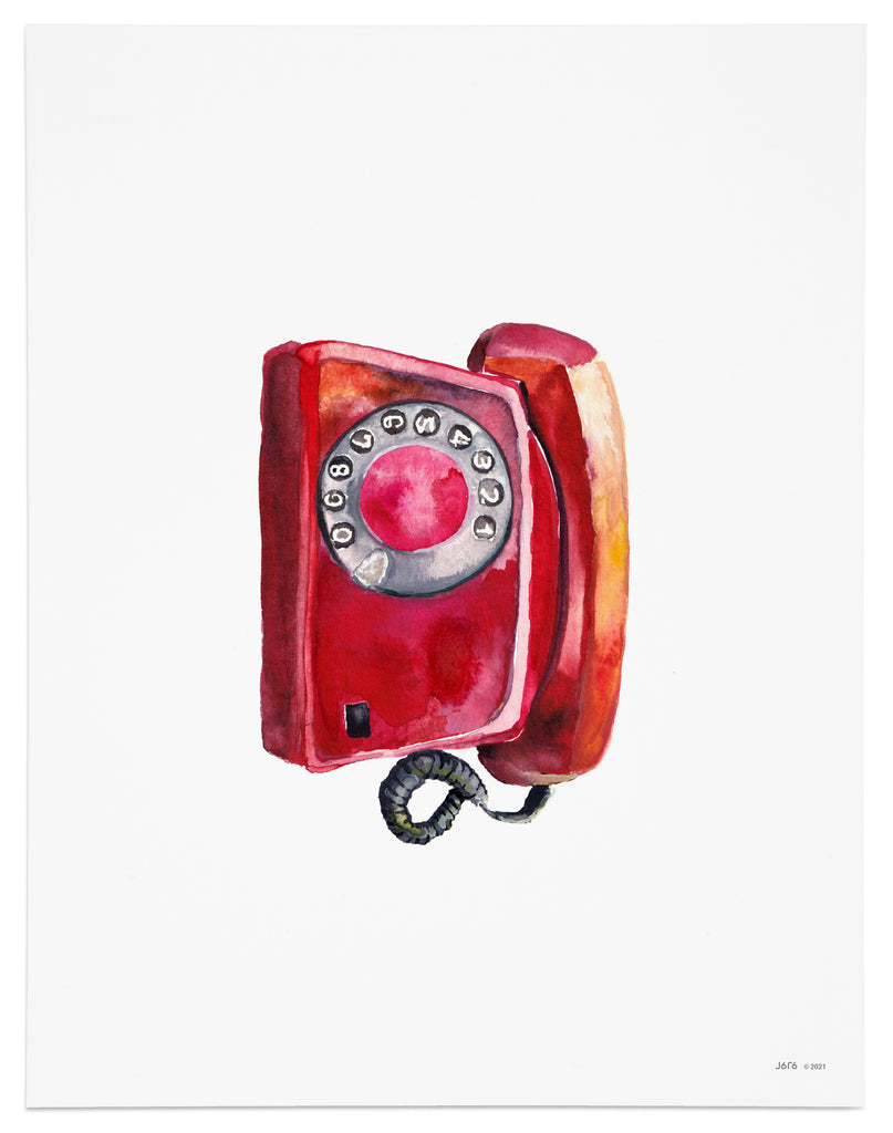 red rotary phone watercolor art print