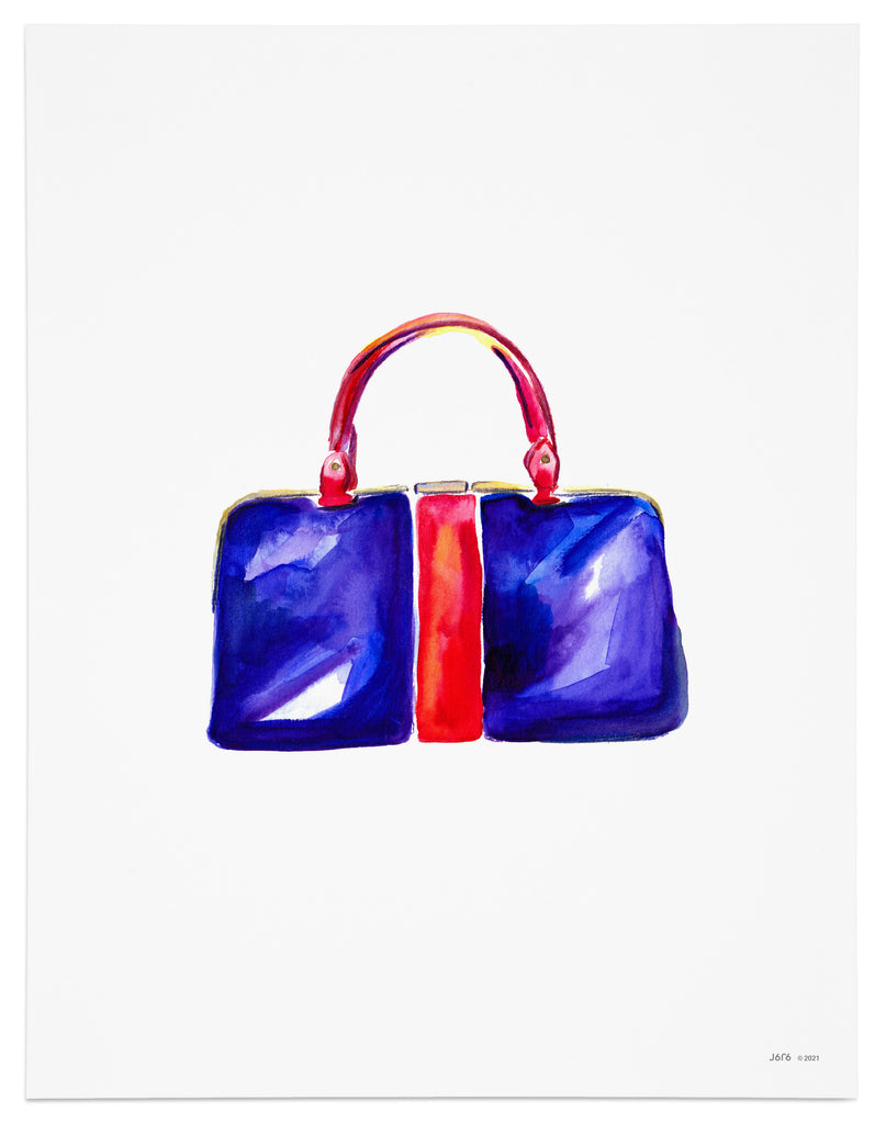 blue purse with red handle watercolor art print