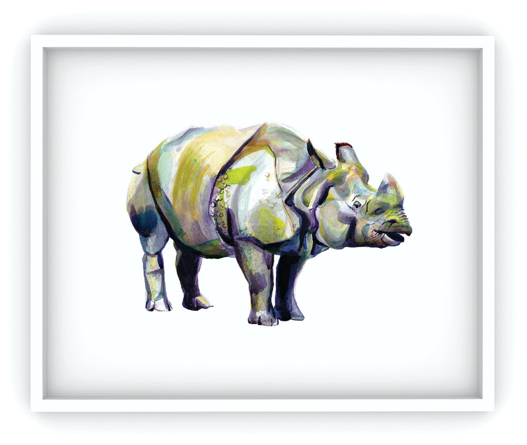 framed purple yellow gray and green rhinoceros art print